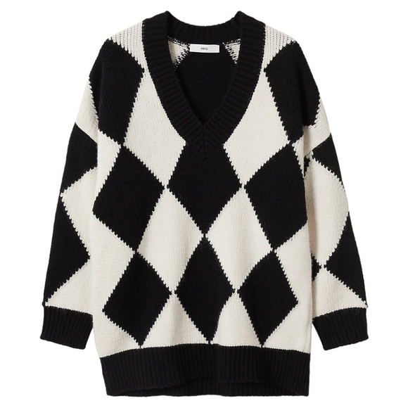 NWOT. Mango Rhombus Pattern Knit V-Neck Sweater. Black and White. Size: Medium - Picture 4 of 9